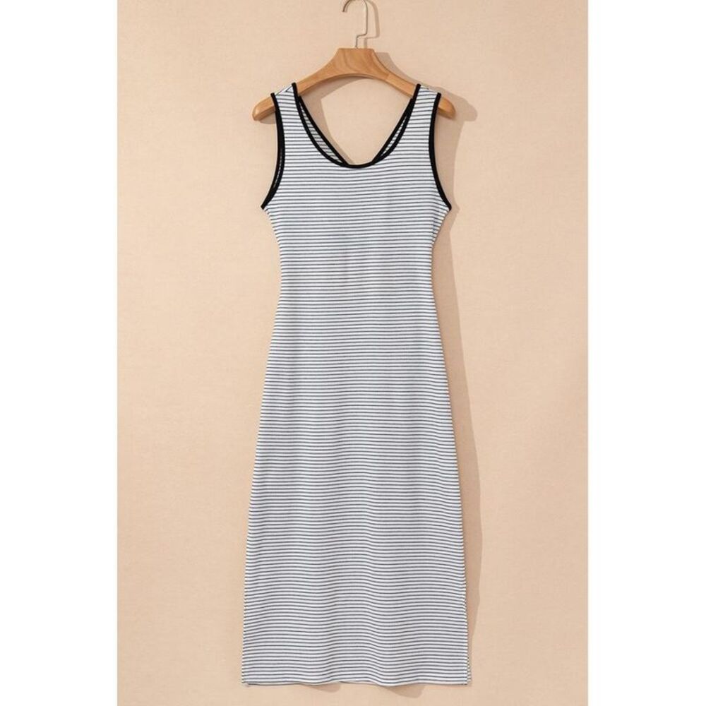 Everyday the Label Stripe Crisscross Side Slits Slim Fit Sleeveless Midi Dress - Picture 6 of 8